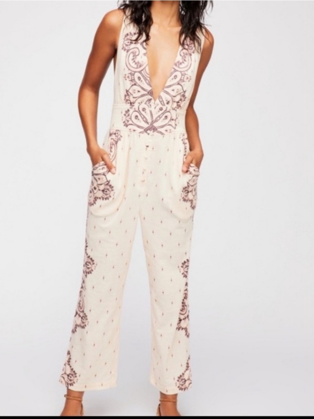 Free People Setting Sun Boho Mixed Paisley Floral Wide Leg Jumpsuit• XS